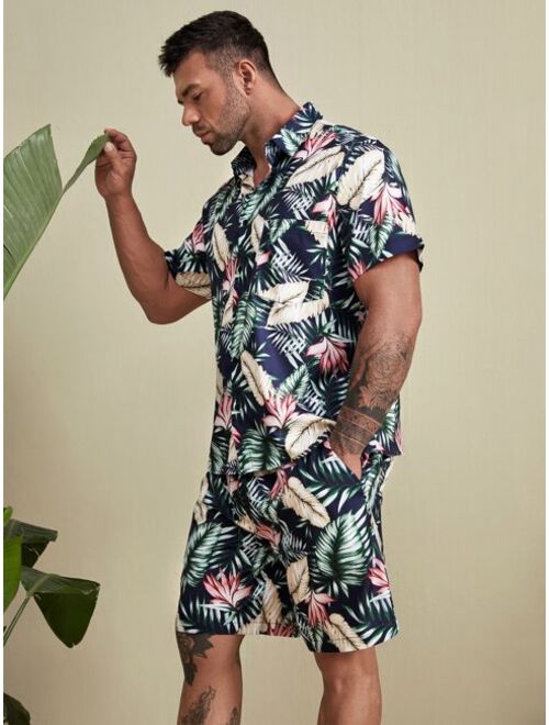 Shein Extended Sizes Men Tropical Print Pocket Front Shirt & Shorts