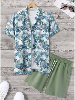 Men Random Tropical Print Shirt & Drawstring Waist Shorts Without Tee