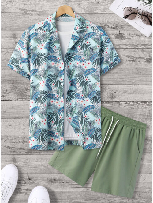 Shein Men Random Tropical Print Shirt & Drawstring Waist Shorts Without Tee