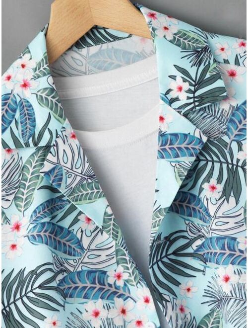 Shein Men Random Tropical Print Shirt & Drawstring Waist Shorts Without Tee