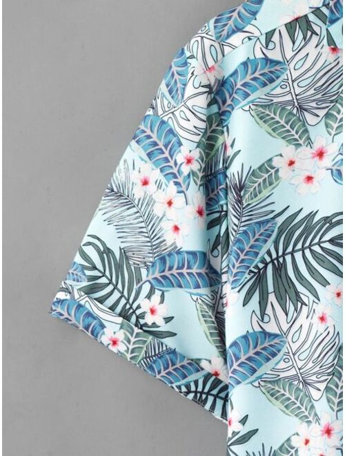 Shein Men Random Tropical Print Shirt & Drawstring Waist Shorts Without Tee