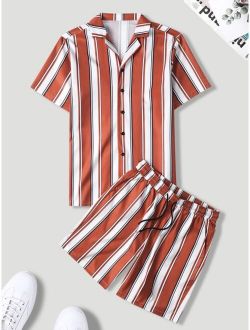 Men Striped Shirt & Drawstring Waist Shorts