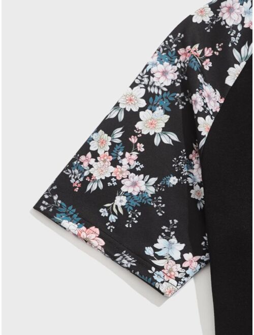SHEIN Men Floral Print Raglan Sleeve Tee & Shorts Set