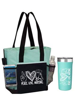 Zon And Beyond Peace, Love, Nursing Bag 2-Piece Gift for Nurses. Includes Insulated Tote Bag and Stainless-Steel Tumbler. Great Thank You Gift for Nurses. RN Gift