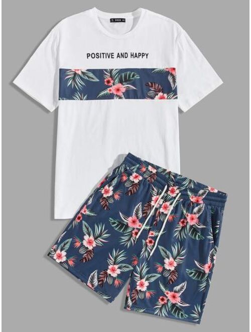 SHEIN Men Slogan and Tropical Print Top & Shorts Set