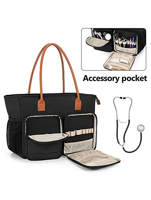 CURMIO Nursing Tote Bag, Portable Medical Bag with Shoulder Strap and Padded Laptop Sleeve for Nursing Work, Home Visits, Health Service, Black (Bag Only)