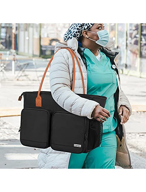 CURMIO Nursing Tote Bag, Portable Medical Bag with Shoulder Strap and Padded Laptop Sleeve for Nursing Work, Home Visits, Health Service, Black (Bag Only)