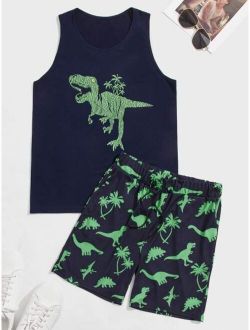 Men Dinosaur Print Tank Top & Drawstring Waist Shorts