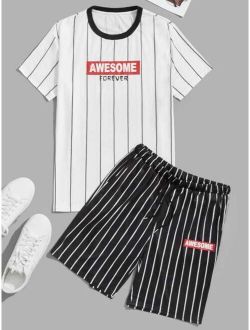 Men Vertical Striped & Letter Graphic Contrast Binding Tee & Drawstring Waist Shorts