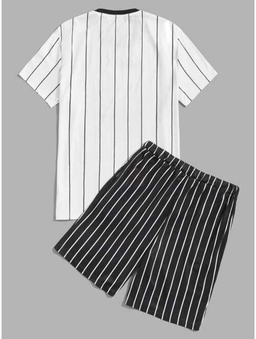 Shein Men Vertical Striped & Letter Graphic Contrast Binding Tee & Drawstring Waist Shorts