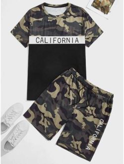 Men Camo Letter Graphic Tee With Shorts
