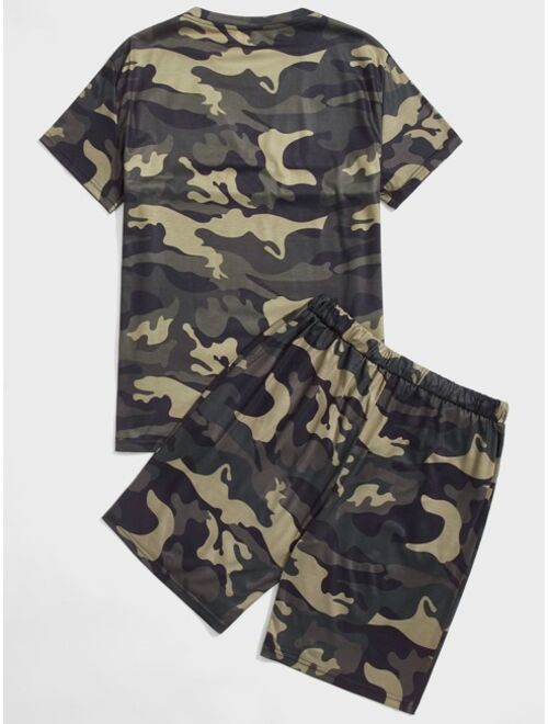 Shein Men Camo Letter Graphic Tee With Shorts