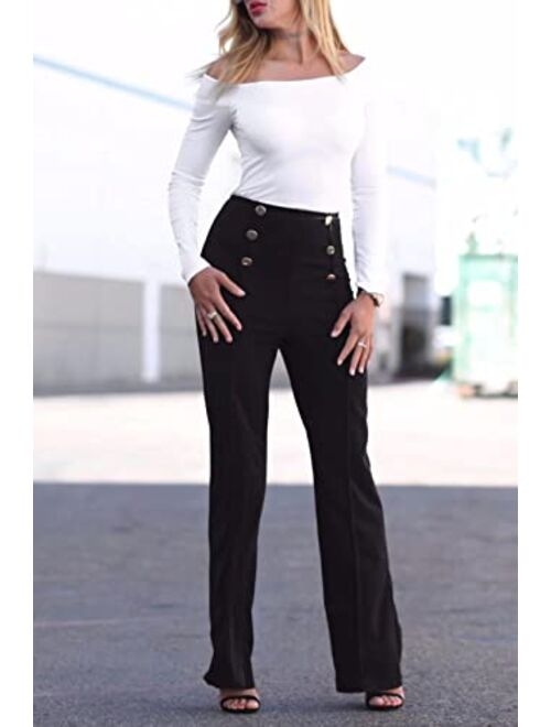 Sprifloral Women's Stretchy Sailor High Waisted Wide Leg Button-Down Pants  Bell Flare Pants