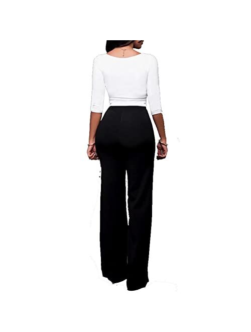 Sprifloral Women's Stretchy Sailor High Waisted Wide Leg Button-Down Pants  Bell Flare Pants