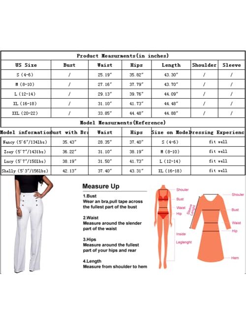 Sprifloral Women's Stretchy Sailor High Waisted Wide Leg Button-Down Pants  Bell Flare Pants