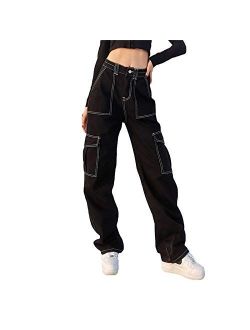 Ynocfri Women High Waisted Baggy Jeans Vintage Wide Straight Leg Boyfriend Denim Cargo Pants with Pockets Y2K Grunge Streetwear