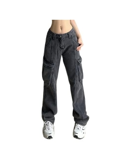 Ynocfri Women High Waisted Baggy Jeans Vintage Wide Straight Leg Boyfriend Denim Cargo Pants with Pockets Y2K Grunge Streetwear