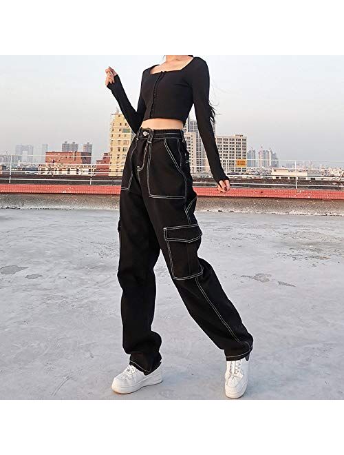 Ynocfri Women High Waisted Baggy Jeans Vintage Wide Straight Leg Boyfriend Denim Cargo Pants with Pockets Y2K Grunge Streetwear