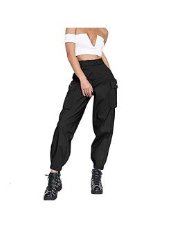 guyueqiqin Women's Cargo Pants, Casual Outdoor Solid Color Elastic High Waisted Baggy Jogger Workout Pants with Pockets