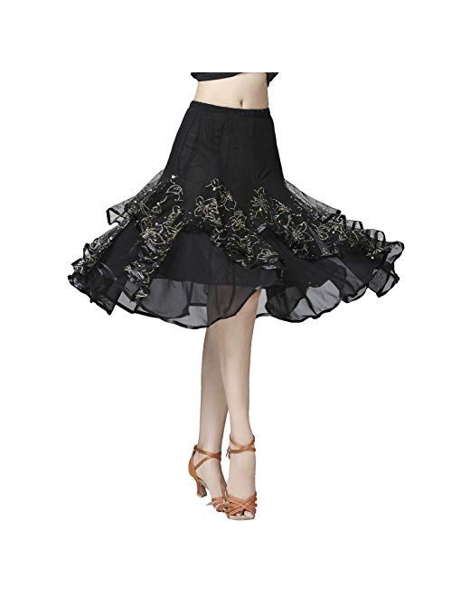 Whitewed Rhinestone Ruffle Drape Flowy Godet Latin Ballroom Swing Midi Dance Skirt Costumes