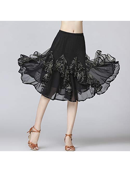 Whitewed Rhinestone Ruffle Drape Flowy Godet Latin Ballroom Swing Midi Dance Skirt Costumes