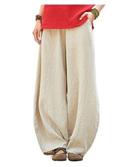 IXIMO Women's Casual Cotton Linen Baggy Pants with Elastic Waist Relax Fit Lantern Trousers