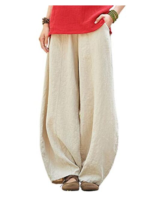 IXIMO Women's Casual Cotton Linen Baggy Pants with Elastic Waist Relax Fit Lantern Trousers