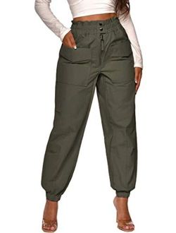 DRESSMECB Women's Casual Baggy Outdoor Elastic High Waisted Cargo Pant Jogger Pants with Pockets