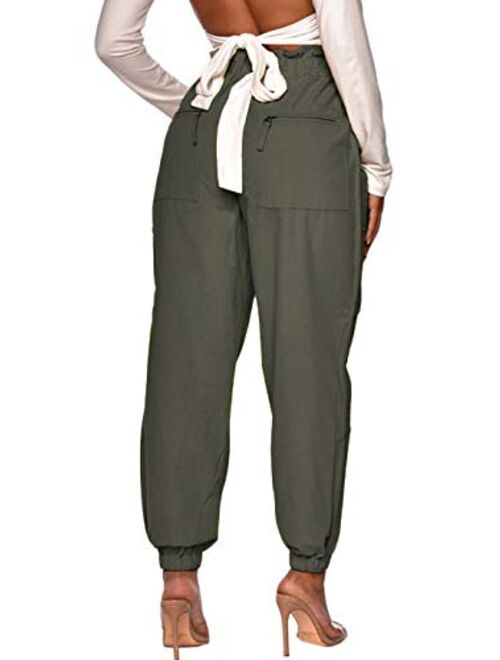 DRESSMECB Women's Casual Baggy Outdoor Elastic High Waisted Cargo Pant Jogger Pants with Pockets