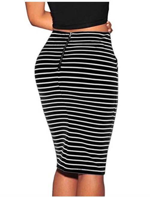 ECDAHICC Womens Knee Length Striped Tie Front High Waist Bodycon Pencil Midi Sheath Skirts Plus Size