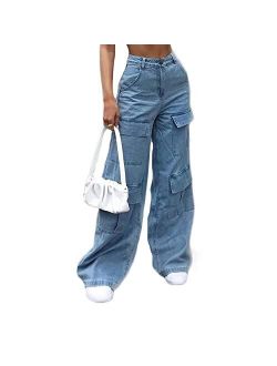 Naranjaburbuja Y2K Baggy Jeans Women Graphic Print Wide Leg Straight Pants Vintage Denim Cargo High Waist Trousers E-Girl Streetwear