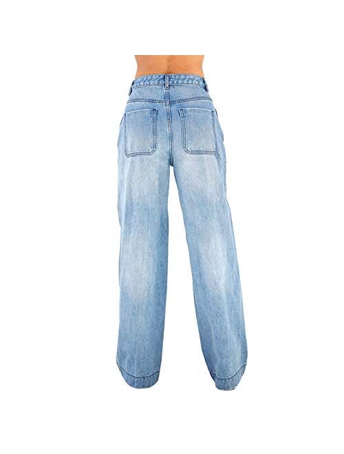 Purjarda Women's Fashion Baggy Jeans High Waisted Wide Leg Jeans Casual Straight Jeans Color Block Patch Denim Trousers