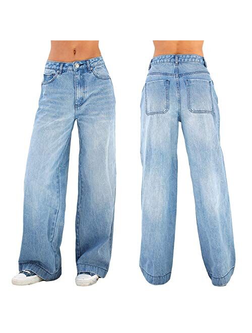 Purjarda Women's Fashion Baggy Jeans High Waisted Wide Leg Jeans Casual Straight Jeans Color Block Patch Denim Trousers