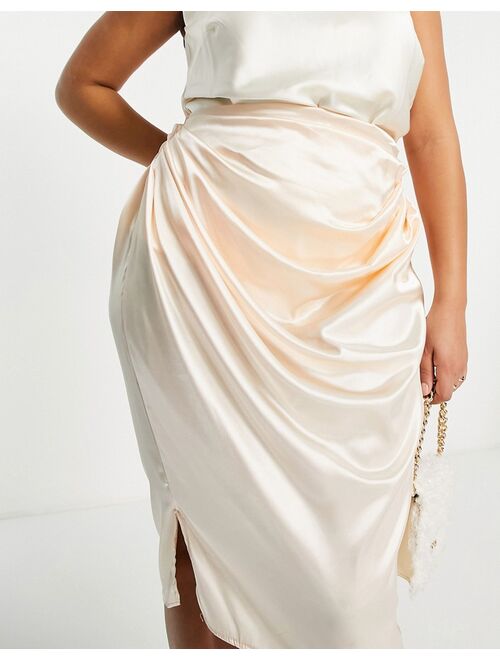 I Saw It First Plus satin midi skirt with cowl draped detail in stone