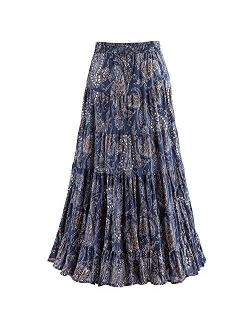 CATALOG CLASSICS Womens Sequins & Paisley Skirt- Blue Tiered Broomstick Elastic Drawstring Waist
