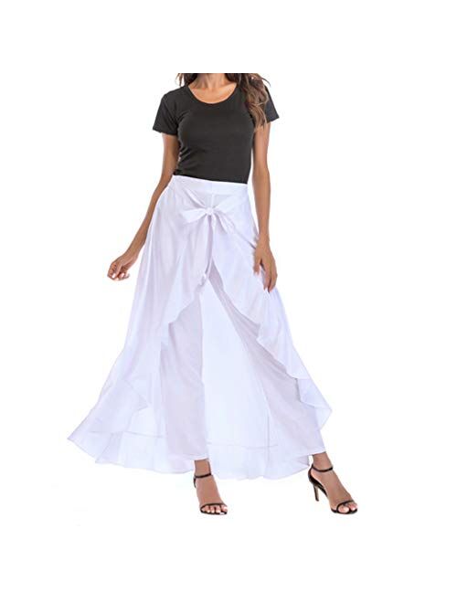 iYYVV Women's Fancy High Waist Lace Up Ruffle Flowy Trouser Skirt Loose Legging Dress Pants