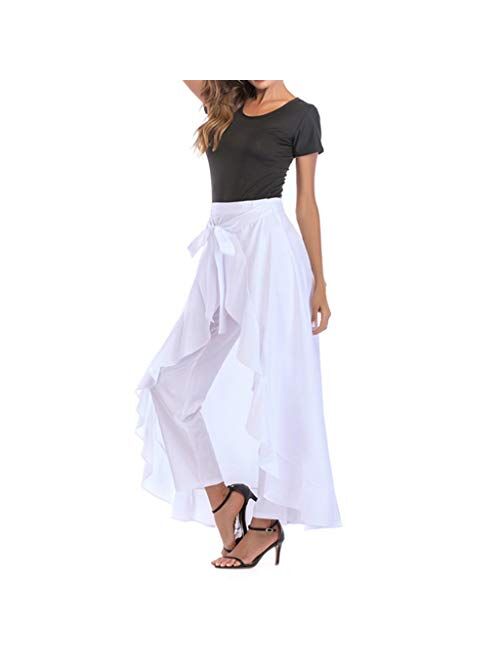 iYYVV Women's Fancy High Waist Lace Up Ruffle Flowy Trouser Skirt Loose Legging Dress Pants