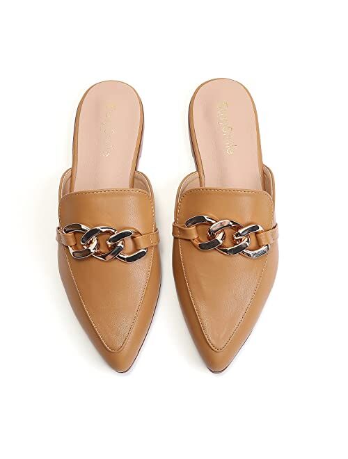 EasySmile Metal Chain Decor Flat Mules for Women Closed Pointed Toe Slip on Loafers Slides Backless Mules Shoes