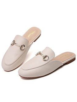 Tilocow Buckle Mules for Women Round Toe Backless Flat Mules Slides Mules Shoes Ladies Slip-on Loafers