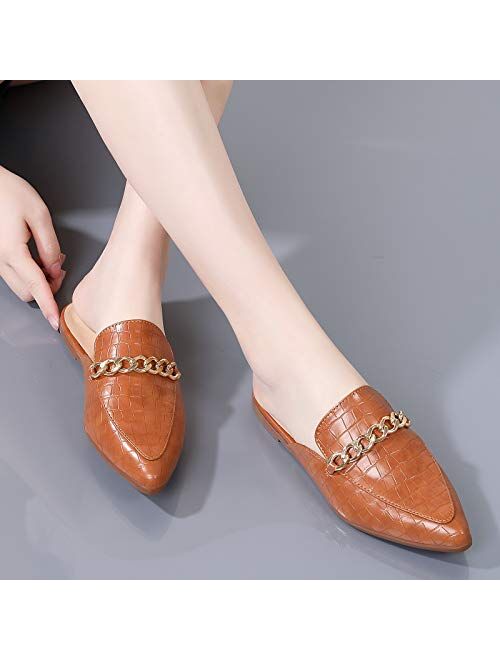Tilocow Chain Mules Backless Flat Mules Comfortable Slides Mules Shoes Ladies Slip-on Loafers