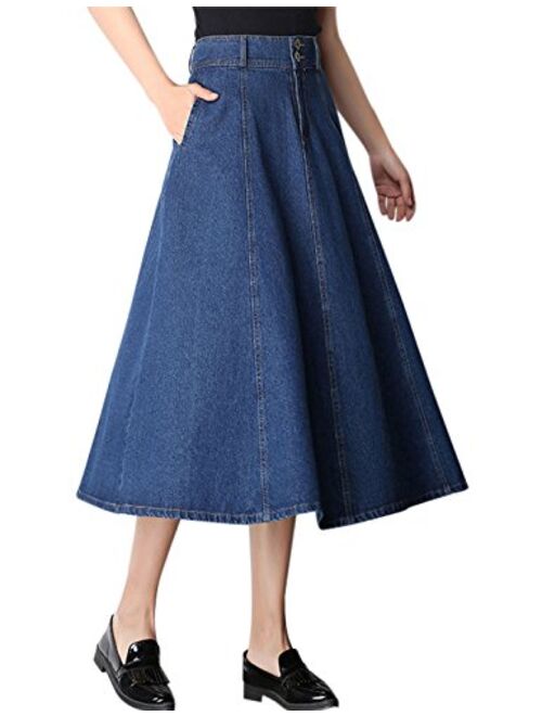 Buy Tanming Women's High Waist Gored Pleat Long Denim Skirt online ...
