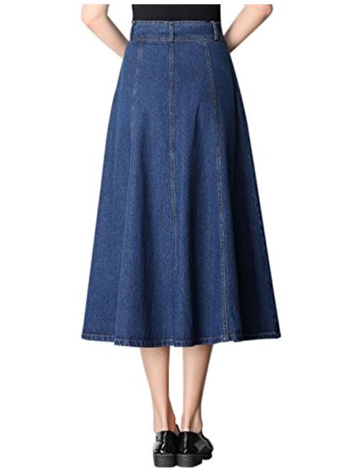 Tanming Women's High Waist Gored Pleat Long Denim Skirt