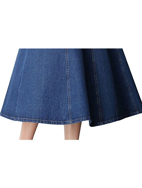 Tanming Women's High Waist Gored Pleat Long Denim Skirt