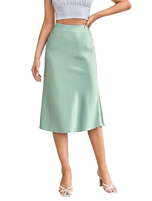 SheIn Women's Party Sexy Satin Split Side Basic Zipper Mid Waist Trumpet Midi Skirt