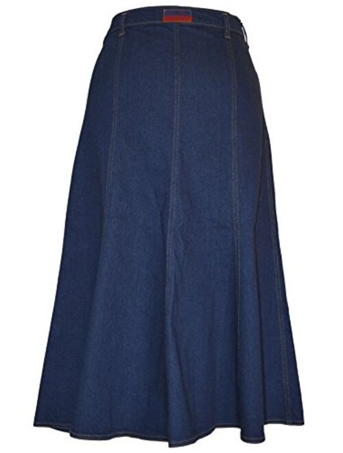 Ice Cool Ladies Long Gored Flared Indigo Stretch Denim Skirt - Sizes 4 to 22. in 30" and 35" Length