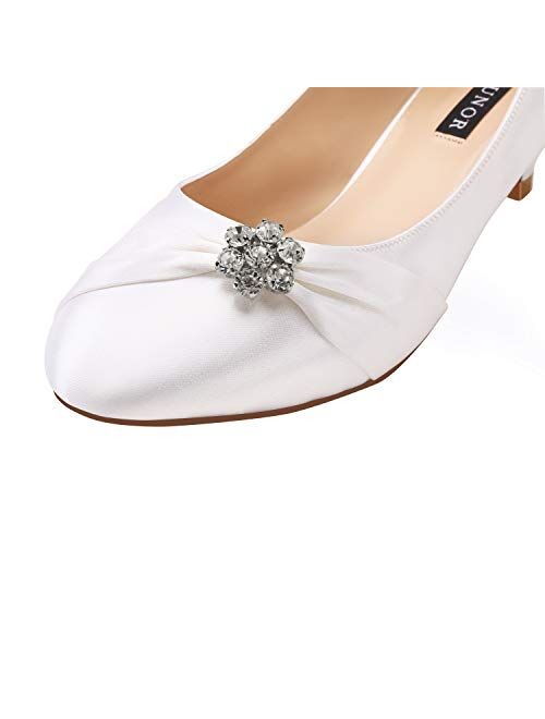 ERIJUNOR Women Closed Toe Comfort Kitten Heels Rhinestones Satin Wedding Evening Dress Shoes