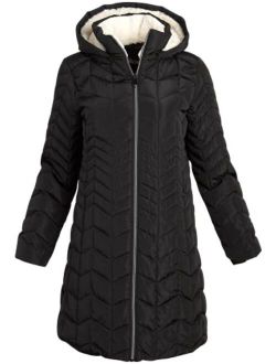 Women's Jacket Full-Length Quilted Parka Coat, Sherpa Lined Hood (S-3XL)