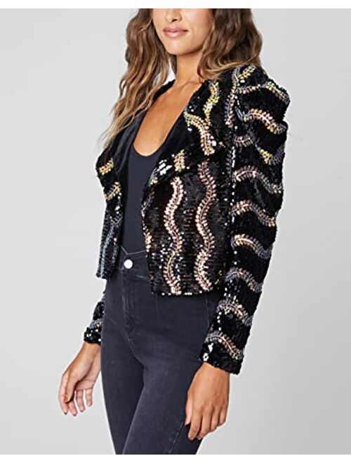[BLANKNYC] Women's Sequin Puff Sleeve Cropped Open Jacket, Comfortable & Stylish Coat
