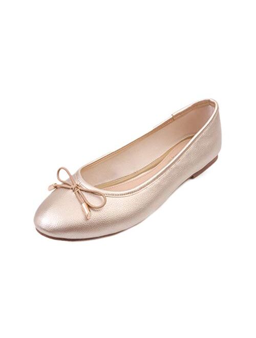FEVERSOLE Women's Soft Cushion Comfort Round Toe Metal Trim Fashion String Tie Ballet Flats Walking Shoes
