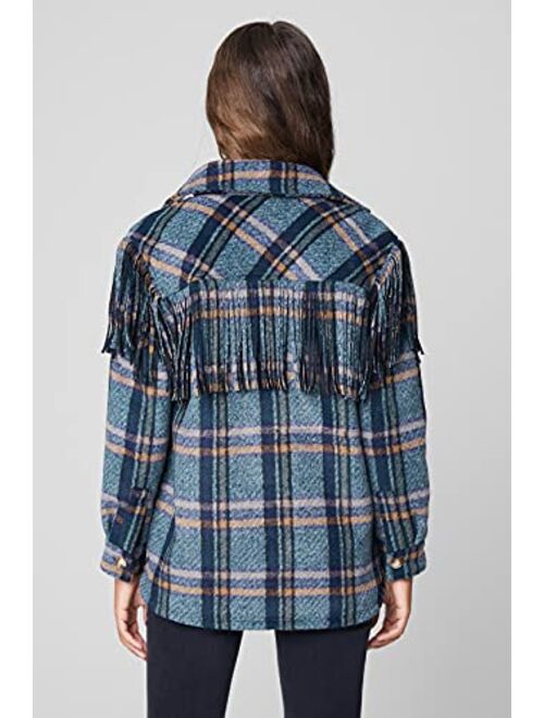 [BLANKNYC] womens Plaid Fringe Shirt Jacket, Comfortable Shacket & Stylish Coat